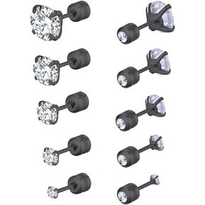 Stud Earrings with Screw Backs for Women Men Stainless Steel Front and Back Cubic Zirconia Sensitive Ears Studs Earrings Set for Boys Girls Hypoallergenic 5 Pairs