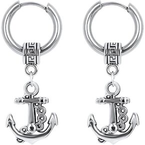 LeapoFaith Anchor Earrings Men Stainless Steel Small Hoop Earring Dangle Fashion Huggie Piercing Jewelry Stud Earrings for Party Birthday Gift, Silver