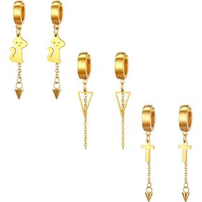 Cupimatch 3 Pairs Cat Triangle Cross Cone Tassle Dangle Earrings Set, Stainless Steel Clip On Hoop Huggie Hinged Earrings for Women Men
