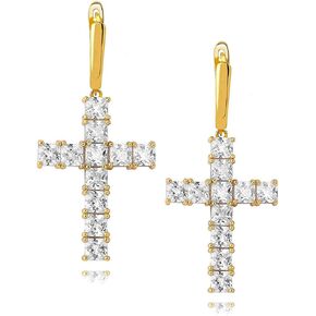 Dangle Cross Huggie Hinged Hoop Earrings for Men Women Iced out Princess Diamond 18K Gold Plated