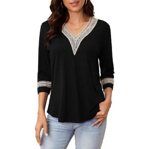 Womens Tops 3/4 Sleeve Shirts Casual Lace V Neck Blouses Loose Fit Dressy Basic T-Shirt