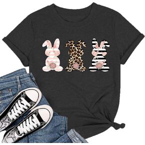 Leopard Easter Bunny T-Shirt for Women Floral Striped Rabbit Shirts Easter T Shirs Cute Bunny Tee Tops