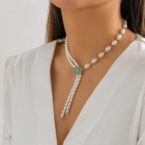 Kercisbeauty Pearl Choker Y Necklace with Emerald Green Gemstones Beads Heart Pendant Women Girls Vintage Jewelry for Dress