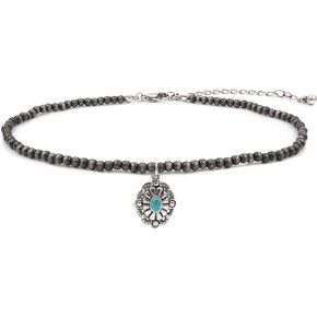 Turquoise Stone Silvertone Pendant Faux Navajo Pearl Choker Necklace 12 Inch