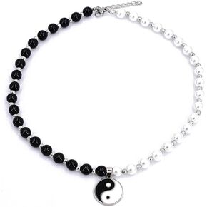WCRAZYE Goth Punk Half Chain Pearls Necklace Black White Beaded Taichi Yin Yang Pendant Necklace for Women Girls Reiki Choker Amulet Necklace Link Chain Pearls Necklace Fashion Lucky Jewelry