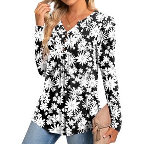 BISHUIGE Womens Casual Fall Top V Neck Loose Tunic Button Pleated Blouses