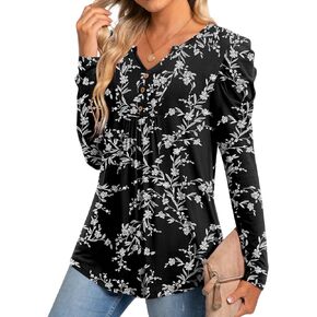 BISHUIGE Womens Casual Fall Top V Neck Loose Tunic Button Pleated Blouses