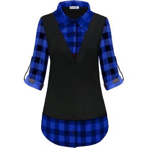 MOQIVG Womens Long Sleeve Contrast Collar Shirts Trendy Casual Plaid Patchwork Tunic Tops