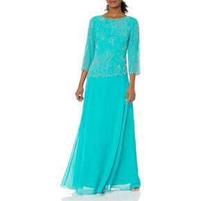 J Kara Women's 3/4 Sleeve Long Beaded Floral Design Dress