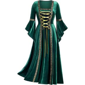 Women's Gothic Renaissance Medieval Dress Retro Square Neck Flare Sleeve Lace Up Halloween Party Long Gown Maiden Costume