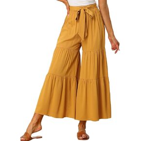 Allegra K Women's Boho Elastic High Waisted Ruffles Flare Palazzo Wide Leg Pants