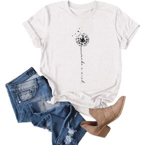 MaQiYa Womens Cute Make A Wish Dandelion Printed Tee Shirts Summer Cotton Vintage Graphic Tees Tops