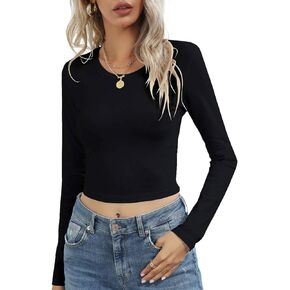 LINDLOOK Women's Long Sleeve Crewneck Crop Top Sexy Slim Fitted Cotton T Shirt