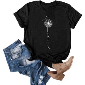 MaQiYa Womens Cute Make A Wish Dandelion Printed Tee Shirts Summer Cotton Vintage Graphic Tees Tops in Kuwait