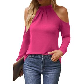 WDIRARA Women's Casual Cold Shoulder Tee Halter Neck Long Sleeve T Shirt Tops