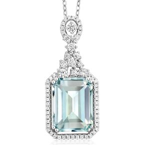 Gem Stone King 925 Sterling Silver Sky Blue Simulated Aquamarine Pendant Necklace For Women (7.24 Cttw, Emerald Cut 14X10MM, with 18 Inch Silver Chain)