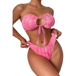 Milumia Women's 2 Piece Drawstring Front Strapless Bandeau Bikini Set High Cut Backless Swimsuit