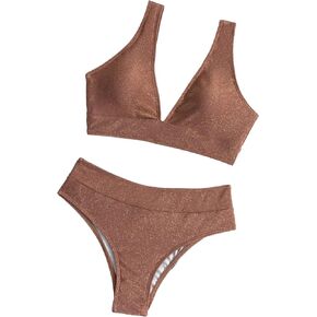 MakeMeChic Women's 2 Piece Bikini Sets V Neck Swimwear High Waisted Swimsuit Bathing Suits