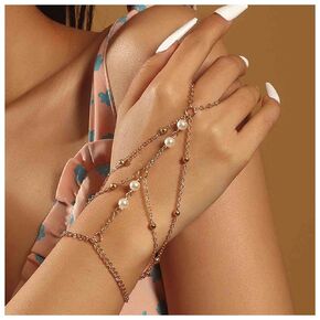 Bohemia Layered Finger Bracelet Gold Pearl Slave Bracelet Vintage Pearl Finger Chain Bracelet Layering Ring Bracelet Everyday Bracelet Hand Harness Chain Jewelry for Women and Girls