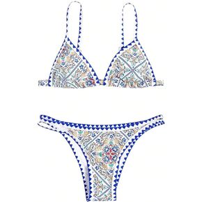 WDIRARA Women's Ditsy Floral Print Cut Out Thong Micro Bikini Set 2 Piece Swimsuits Spaghetti Strap Bathing Suits