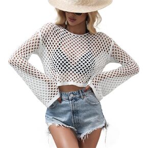 SINGBO Women's Crochet Cover Ups Hollow Out Long Sleeve Sexy Sweater Crop Tops Summer Beach Swimsuit Mesh Cover Up