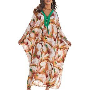 AILUNSNIKA Women Print Caftan Dress Casual Plus Size Kaftan V-Neck Swim Cover Up