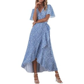 CUPSHE Women Summer Short Sleeve Wrap V-Neck Boho Floral Print Maxi Dress Beach Dating Long Dresses