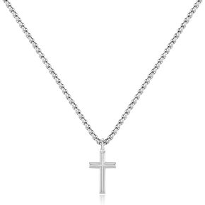 Simple Silver Cross Necklace for Men, Stainless Steel Mens Cross Pendant Chain Necklace for Teen Boys Black Gold Rolo Link Chain 16-24 Inch Birthday Gift for Girls Women