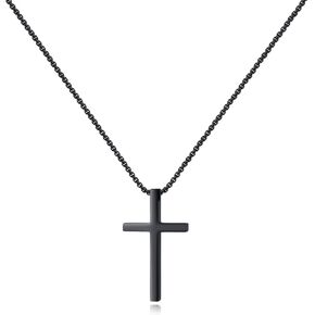 Simple Silver Cross Necklace for Men, Stainless Steel Mens Cross Pendant Chain Necklace for Teen Boys Black Gold Rolo Link Chain 16-24 Inch Birthday Gift for Girls Women