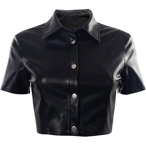 AIBEARTY Women's Sexy PU Leather Button Down Short Sleeve Crop Tops Collar Blouse Shirt for Party Club Streetwear