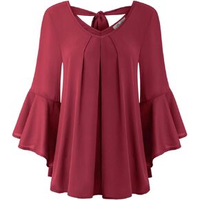 Women's Cute V Neck 3/4 Bell Sleeve Pleated Front Chiffon Blouse