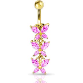 Anodized Gold 316L 3 Butterflies Dangle Belly Ring with CZ Stones