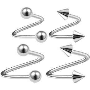 4Pcs Spiral Barbell Piercing Jewelry Cartilage Tragus Helix Lip 3mm Ball and Cone More Choices