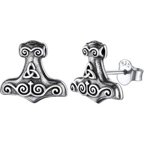 ChicSilver 925 Sterling Silver Wolf Head/Thor Hammer Stud Earrings Punk Vintage Norse Viking Jewelry for Men Women