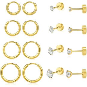 Earrings Stud for Ear Piercing Jewelry Hypoallergenic Surgical Stainless Steel 20G CZ Stud Earrings for Multiple Cartilage Helix Small Huggie Hoop Earrings for Women Men Silver 15Pairs Set