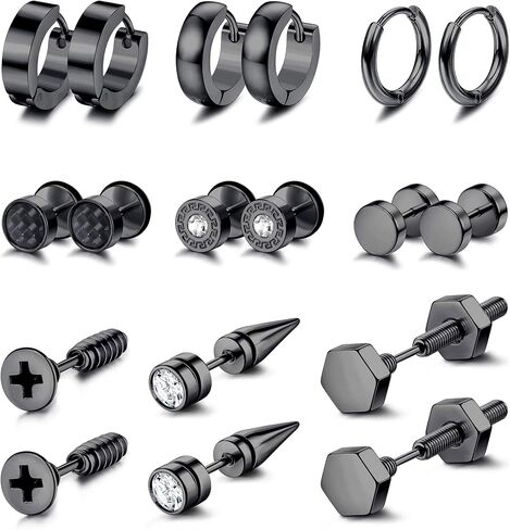 FIBO STEEL 9 أزواج من الأقراط السوداء للرجال والنساء المقابس وهمية Guages ​​أقراط الفولاذ المقاوم للصدأ الأطواق الصغيرة Huggie مجموعة القرط مجوهرات ثقب الأقراط in Kuwait