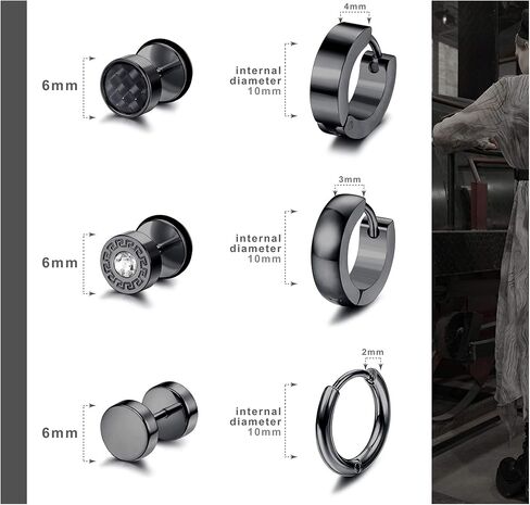 FIBO STEEL 9 أزواج من الأقراط السوداء للرجال والنساء المقابس وهمية Guages ​​أقراط الفولاذ المقاوم للصدأ الأطواق الصغيرة Huggie مجموعة القرط مجوهرات ثقب الأقراط in Kuwait
