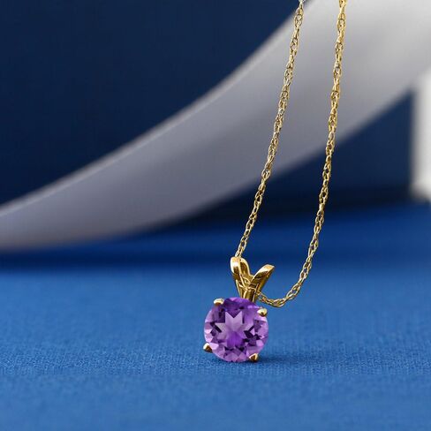 Gem Stone King 14K Yellow Gold Purple Amethyst Pendant Necklace For Women (0.45 Cttw, Gemstone Birthstone, Round 5MM With 18 Inch Chain) in Saudi Arabia