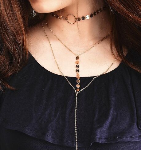Layered Necklaces for Women - Stylish Multilayer Sequins Choker Necklace with Thin Long Chian Pendant for Lady Girl in Saudi Arabia
