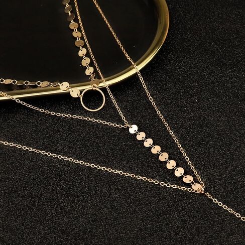 Layered Necklaces for Women - Stylish Multilayer Sequins Choker Necklace with Thin Long Chian Pendant for Lady Girl in Saudi Arabia