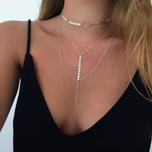 Layered Necklaces for Women - Stylish Multilayer Sequins Choker Necklace with Thin Long Chian Pendant for Lady Girl in Saudi Arabia