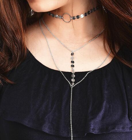 Layered Necklaces for Women - Stylish Multilayer Sequins Choker Necklace with Thin Long Chian Pendant for Lady Girl in Saudi Arabia