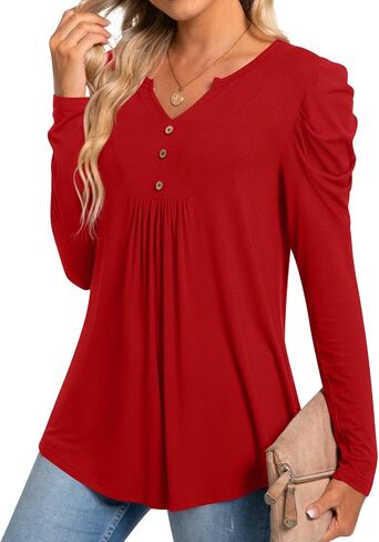 BISHUIGE Womens Casual Fall Top V Neck Loose Tunic Button Pleated Blouses in Saudi Arabia