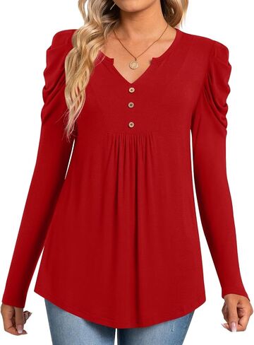 BISHUIGE Womens Casual Fall Top V Neck Loose Tunic Button Pleated Blouses in Saudi Arabia