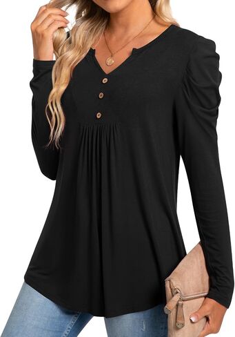 BISHUIGE Womens Casual Fall Top V Neck Loose Tunic Button Pleated Blouses in Saudi Arabia