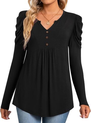 BISHUIGE Womens Casual Fall Top V Neck Loose Tunic Button Pleated Blouses in Saudi Arabia