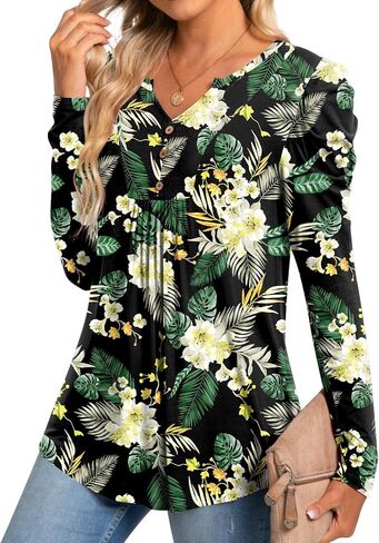 BISHUIGE Womens Casual Fall Top V Neck Loose Tunic Button Pleated Blouses in Saudi Arabia