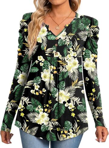 BISHUIGE Womens Casual Fall Top V Neck Loose Tunic Button Pleated Blouses in Saudi Arabia