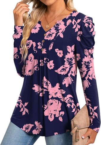 BISHUIGE Womens Casual Fall Top V Neck Loose Tunic Button Pleated Blouses in Saudi Arabia
