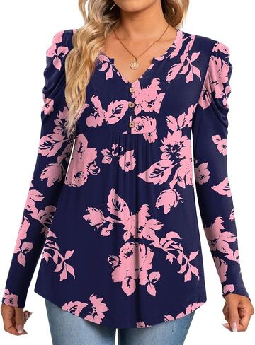 BISHUIGE Womens Casual Fall Top V Neck Loose Tunic Button Pleated Blouses in Saudi Arabia